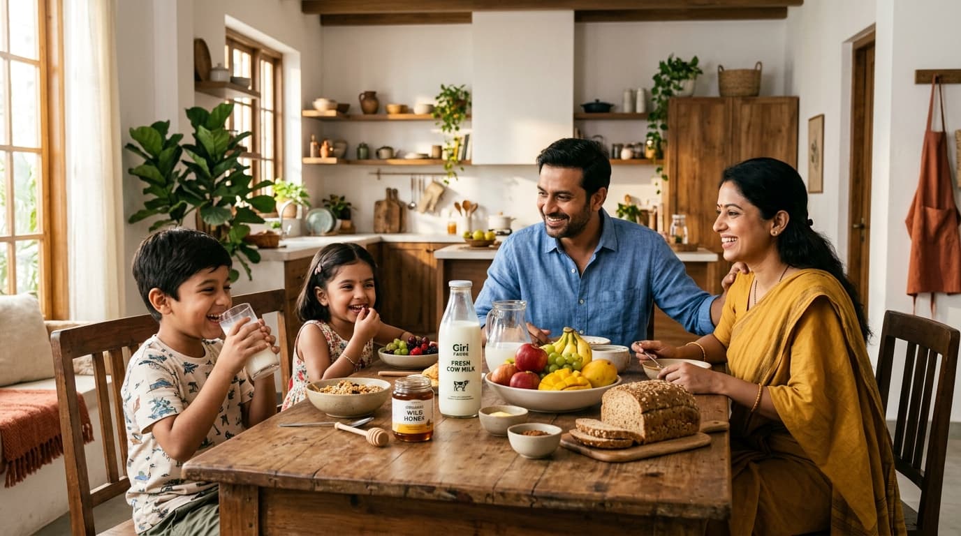 Happy Indian family enjoying organic wholesome breakfast